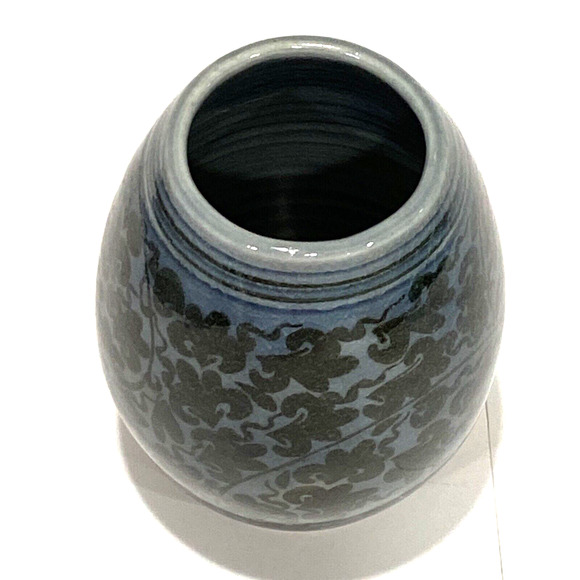 Vintage Art Pottery Mini or Bud Vase Handpainted Blue Brown Floral Glossy Signed - Picture 4 of 10